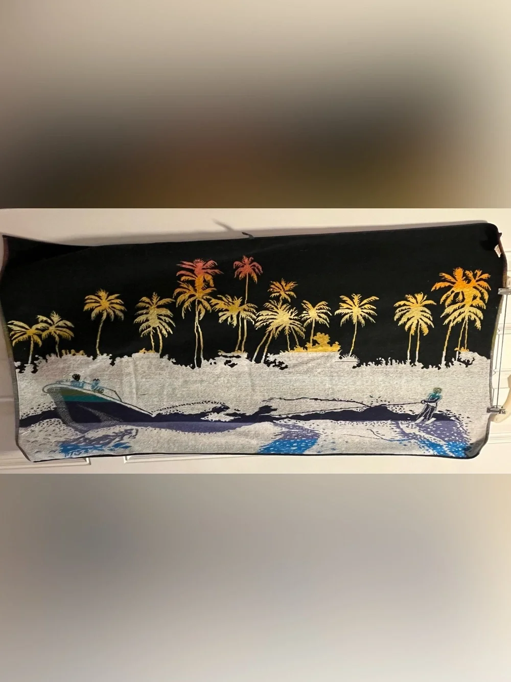 Vintage 1980s Jay Franco Surfer Beach Towel Retro Neon Sunset Palm Trees 27x53.5